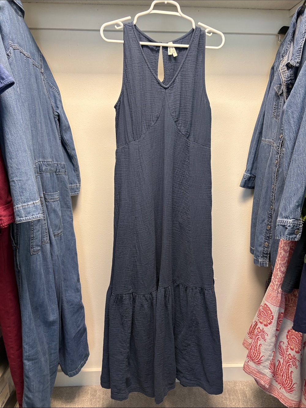PACT Organic Cotton Sleeveless Navy Maxi Dress with Ruffle Hem Tie back M